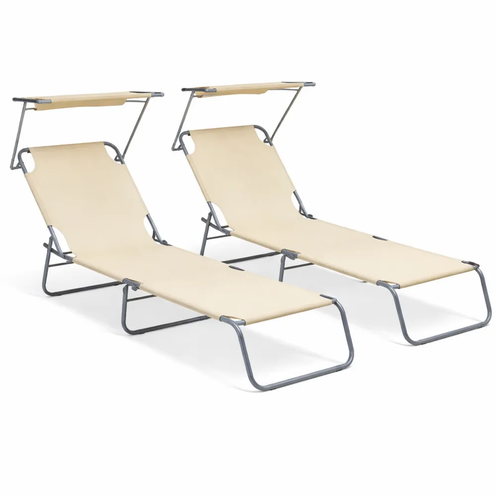 Set di 2 Lettini Prendisole Pieghevoli con Parasole, Sdraio da Spiaggia in Poliestere, Schienale Regolabile 4 Posizioni, Portata 120kg, per Giardino, Terrazza e Piscina, Beige