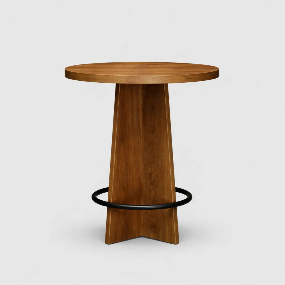 Tavolo alto rotondo in legno per bar e casa, con base in metallo