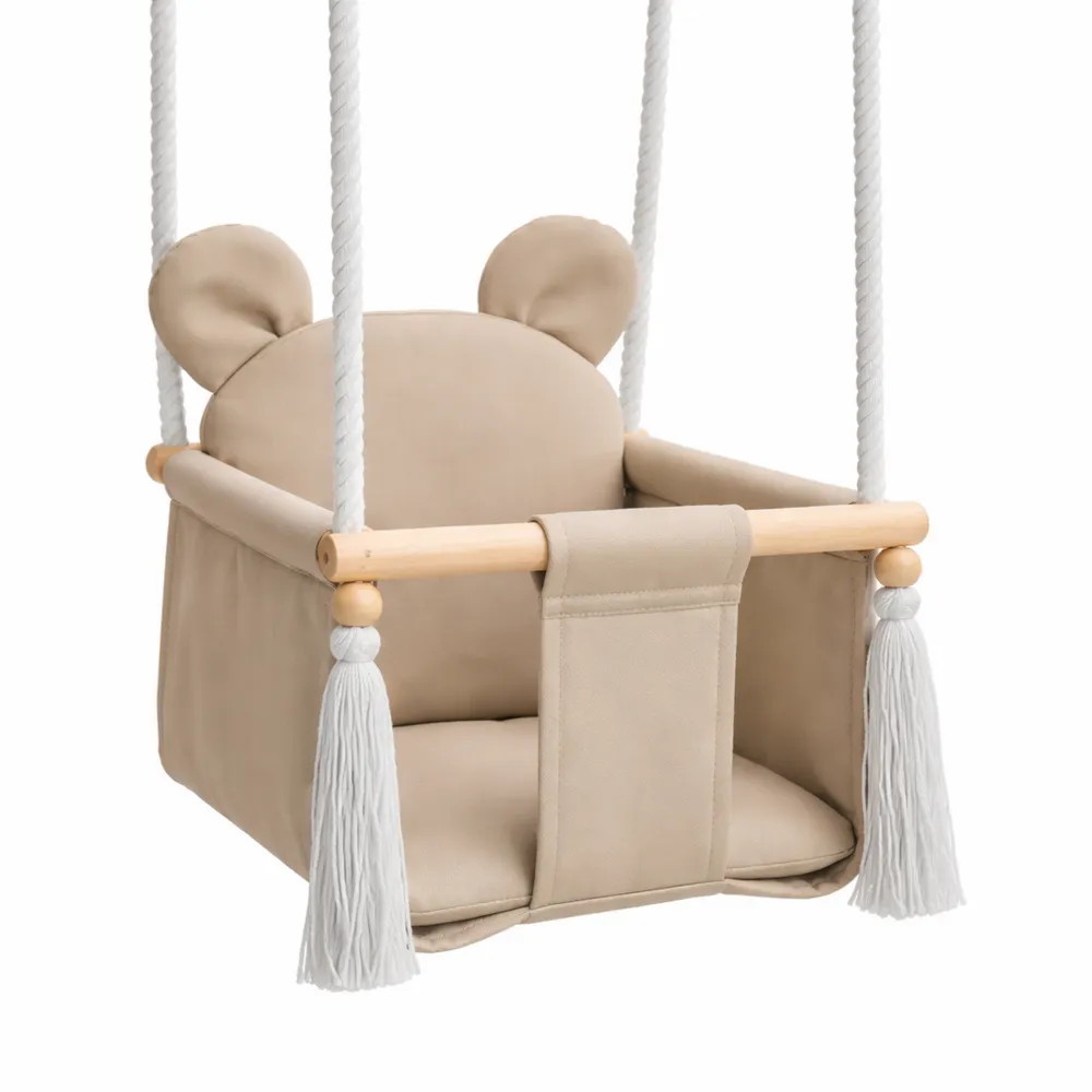 Altalena in legno per bambini con motivo orsetto beige