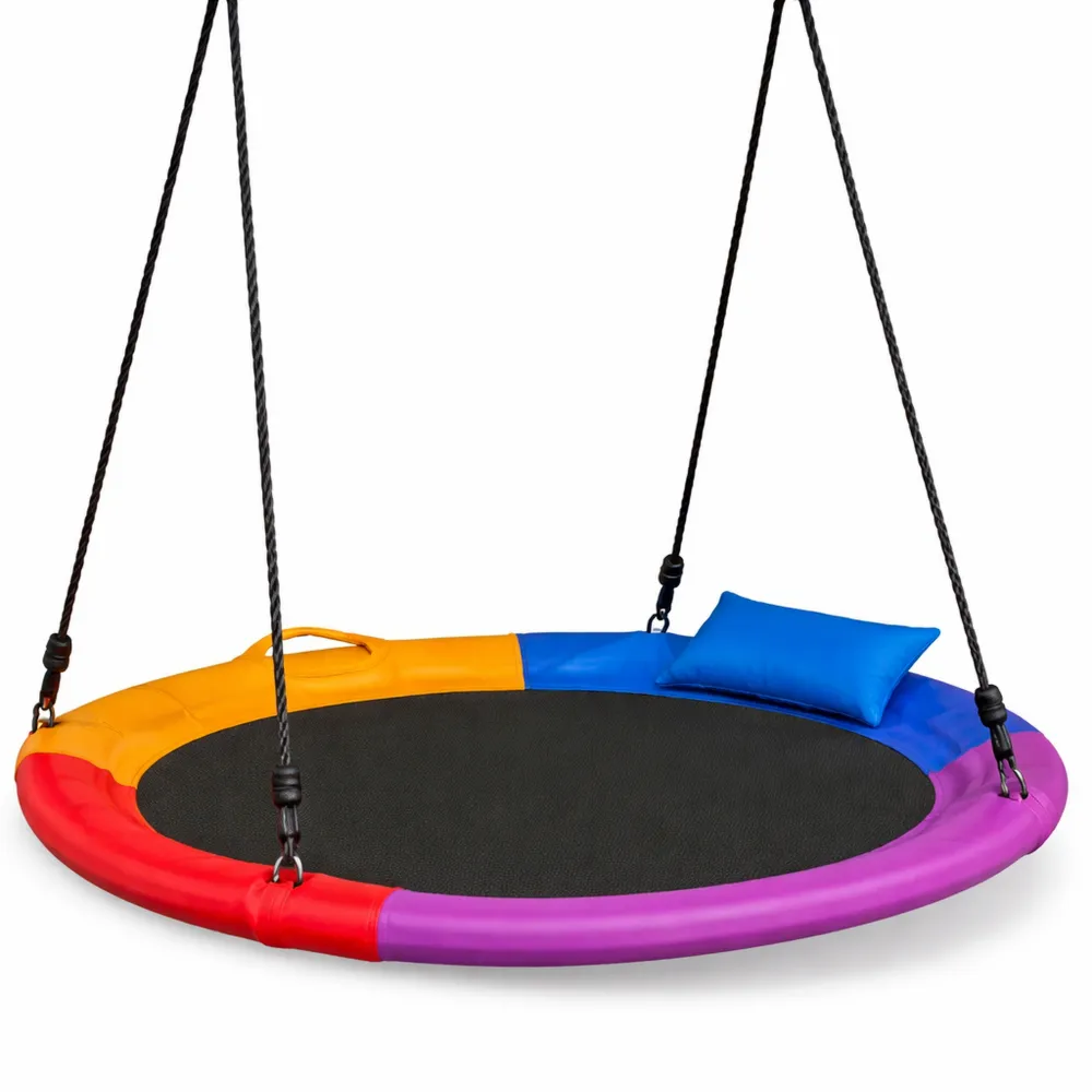 Altalena Rotonda a Nido per Bambini da Giardino e Interno, Altezza Regolabile 100-160cm, Capienza 2-3 Bambini, Carico 150kg, Inclusi Cuscino, Multicolore