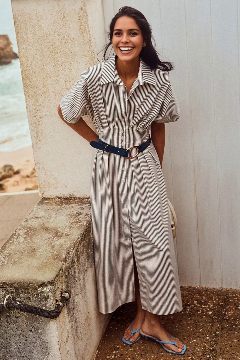 Button-Front Pleated Midi Shirt Dress (Buy 2 Free Shipping)
