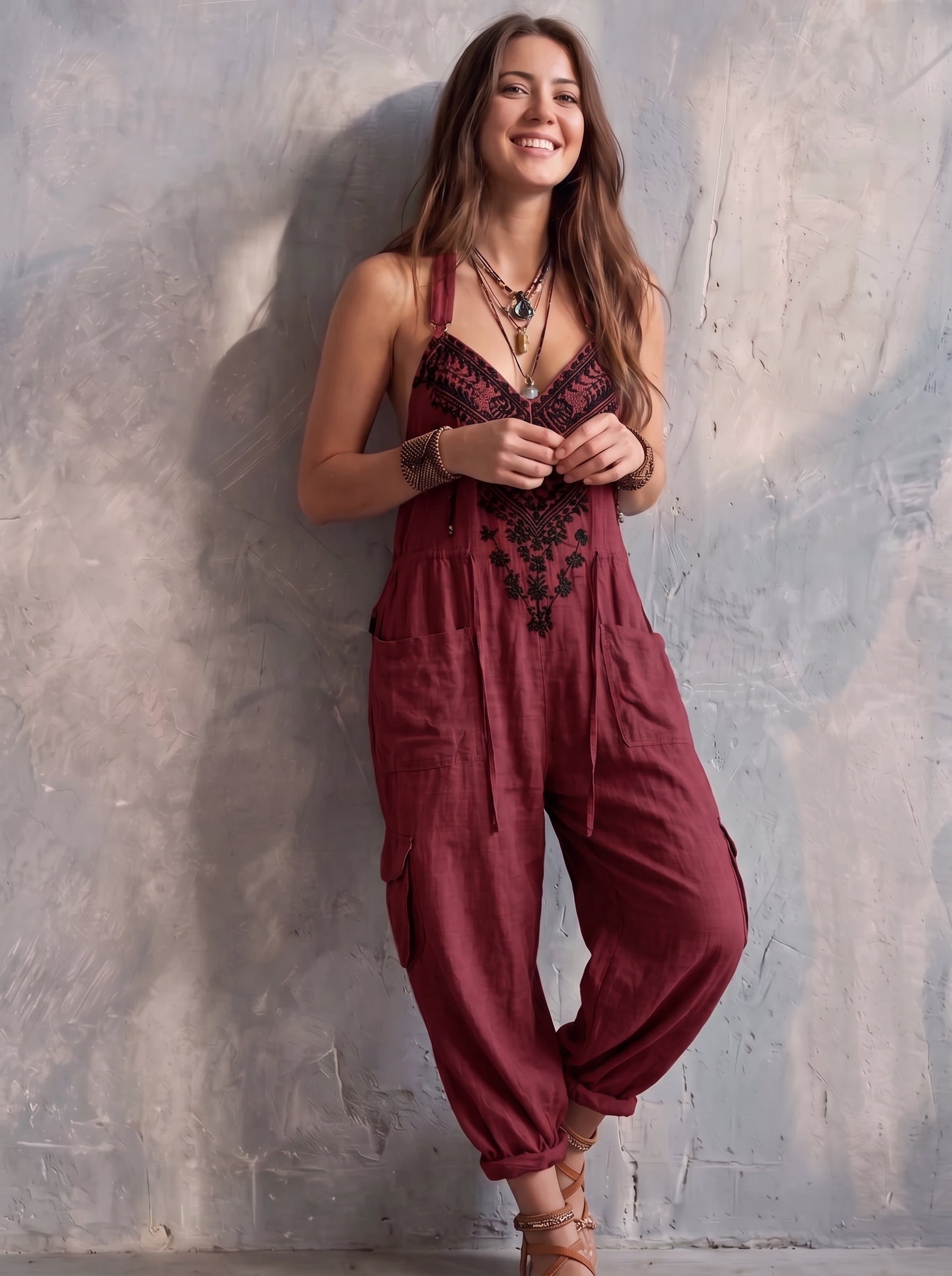 Women's V-neck Sleeveless Wide-leg Jumpsuit — Casual, Loose-fit Cotton-linen Blend With Placement Print