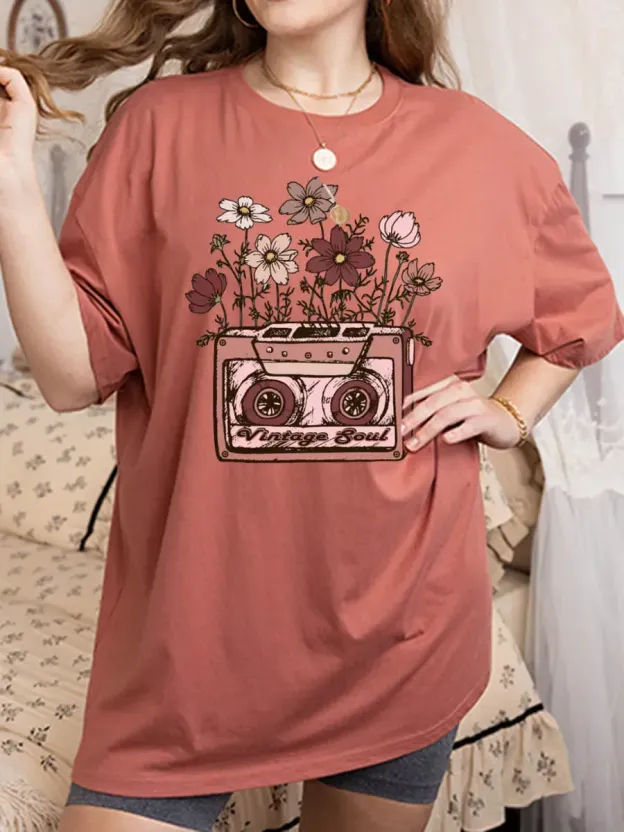 Vintage Cassette With Flowers Oversize Graphic Tee