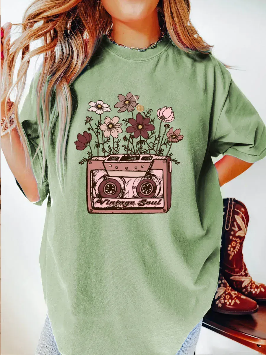 Vintage Cassette With Flowers Oversize Graphic Tee