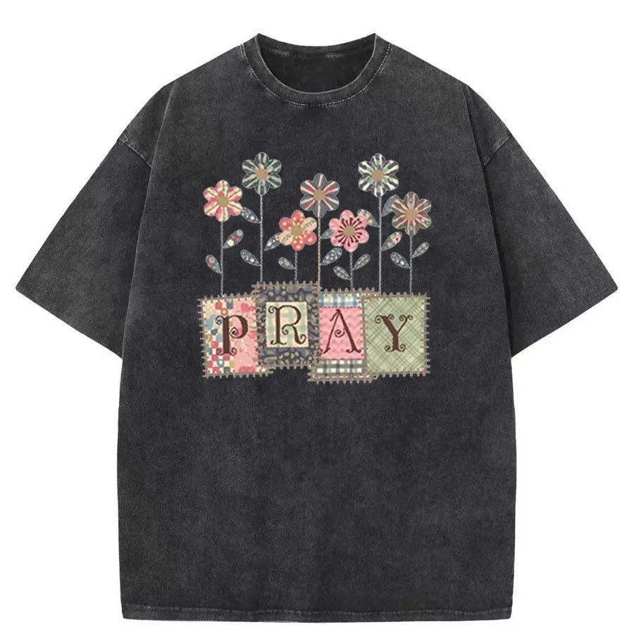 Vintage Floral Pray Christian Washed T-Shirt