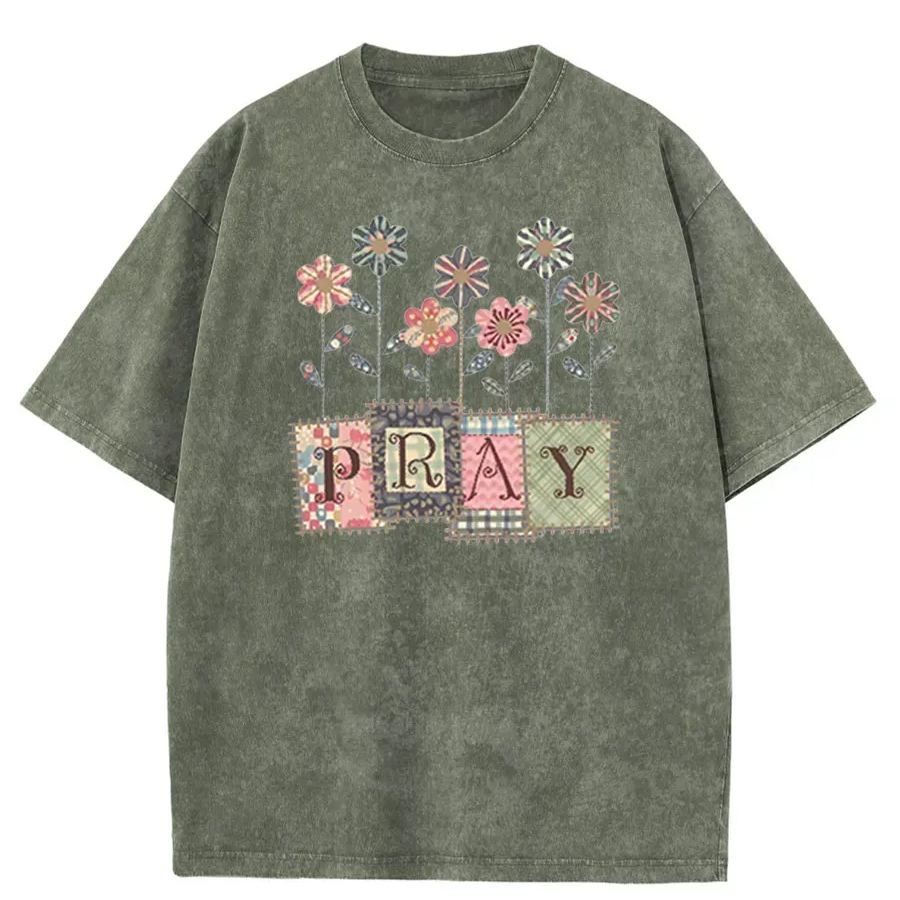 Vintage Floral Pray Christian Washed T-Shirt
