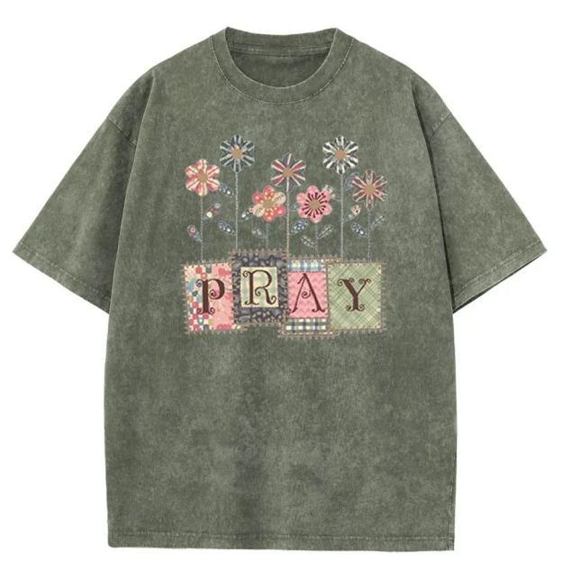 Vintage Floral Pray Christian Washed T-Shirt