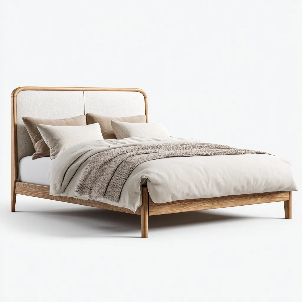 Lit double - Bois-Tissu - 210x162x116 cm - Beige-Naturel - Style nordique-Tadiiaabode