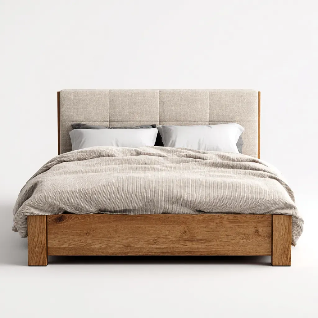 Lit double - Bois-Tissu - 206x160x114 cm - Beige-Naturel - Style scandinave-Tadiiaabode