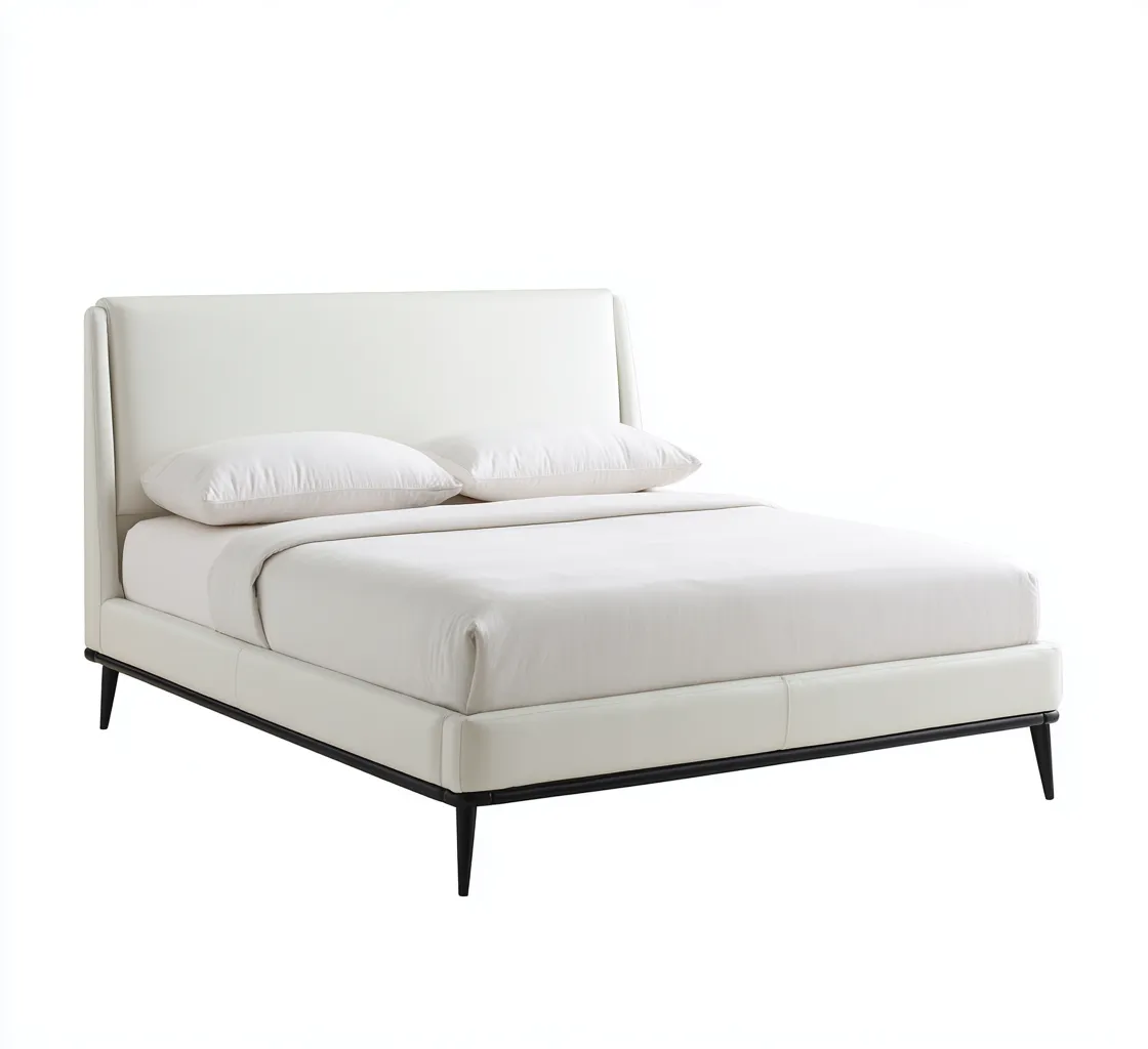 Lit double - Similicuir-Bois-Métal - 208x162x112 cm - Blanc - Style moderne-Tadiiaabode