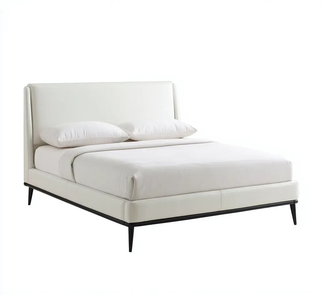 Lit double - Similicuir-Bois-Métal - 208x162x112 cm - Blanc - Style moderne-Tadiiaabode