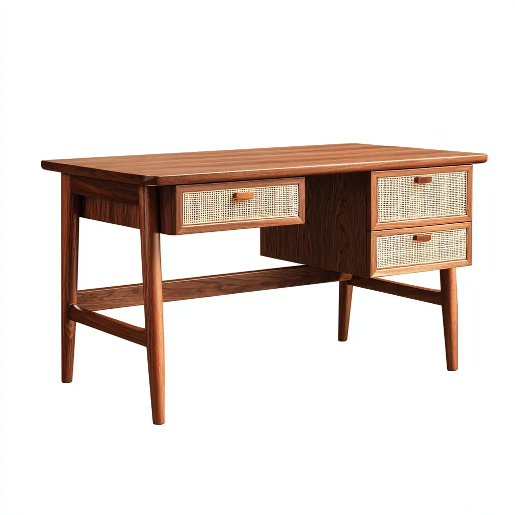 Bureau - Bois massif-cannage - 118x58x74 cm - Marron noyer - Style rétro fonctionnel-Tadiiaabode