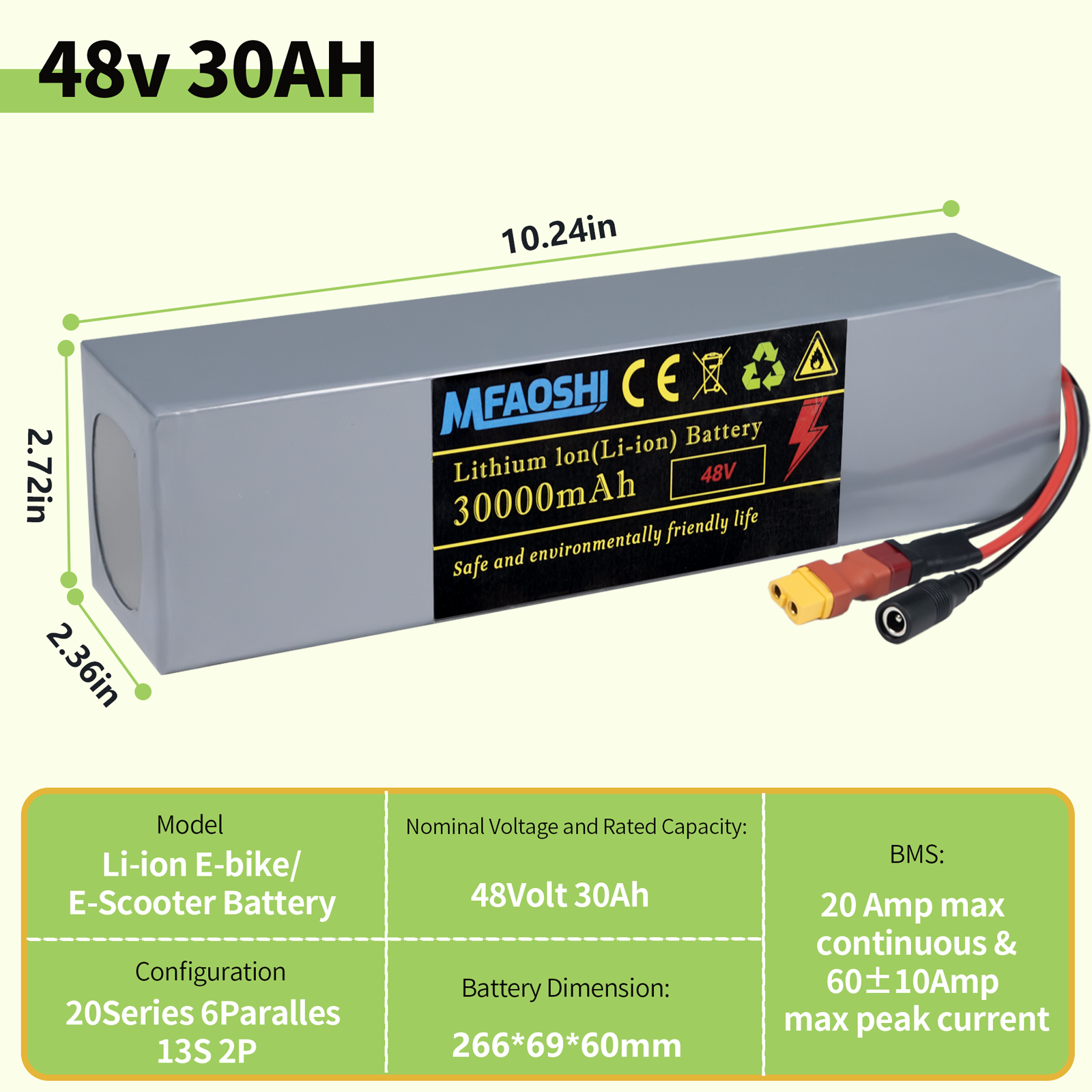 48V 30Ah 磷酸铁锂电动车电池，XT90接口大容量锂电池组，带智能BMS、LED显示与2A快充，适配0W-1500W电机，通勤冒险两不误，DOT UN38.3 MSDS认证