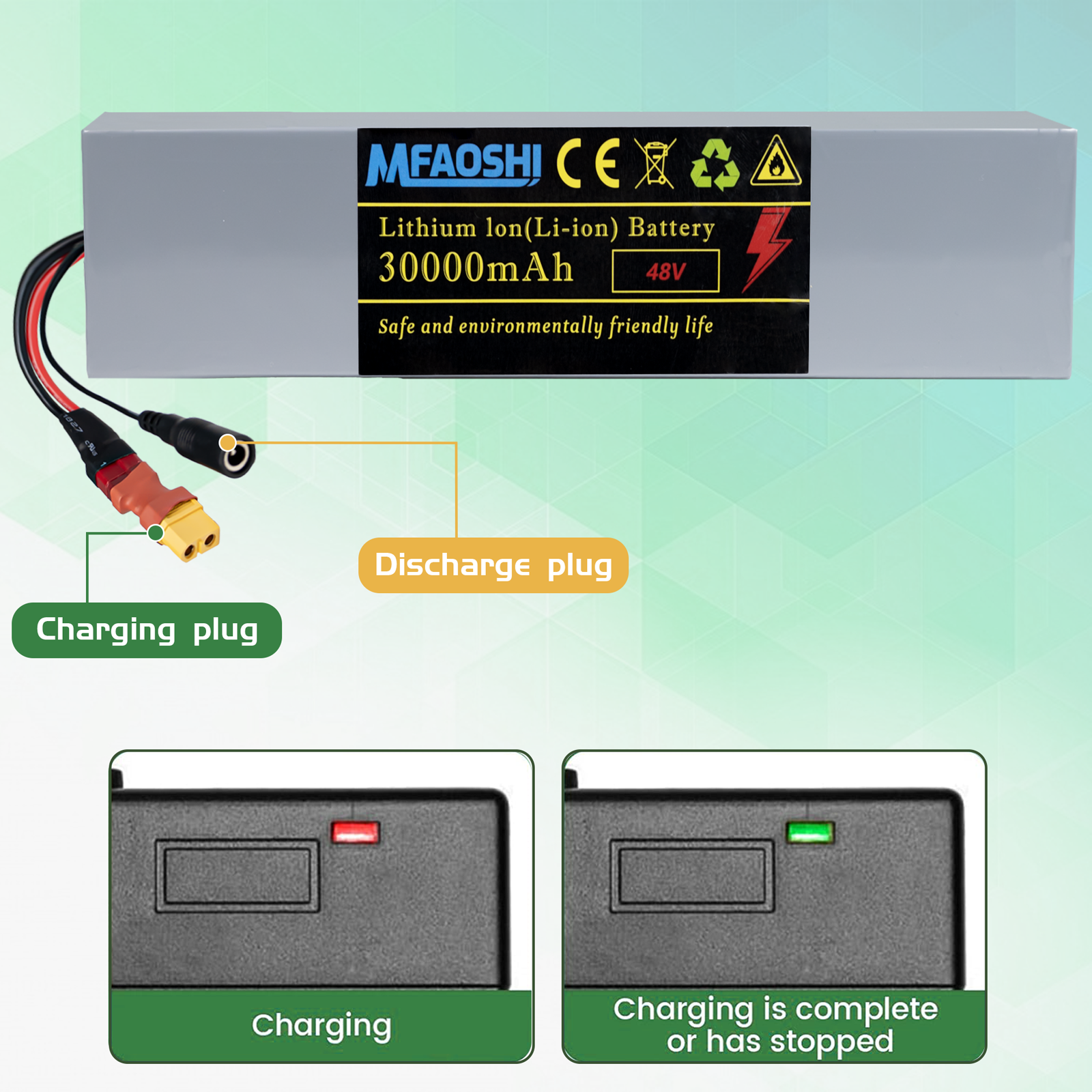 48V 30Ah 磷酸铁锂电动车电池，XT90接口大容量锂电池组，带智能BMS、LED显示与2A快充，适配0W-1500W电机，通勤冒险两不误，DOT UN38.3 MSDS认证