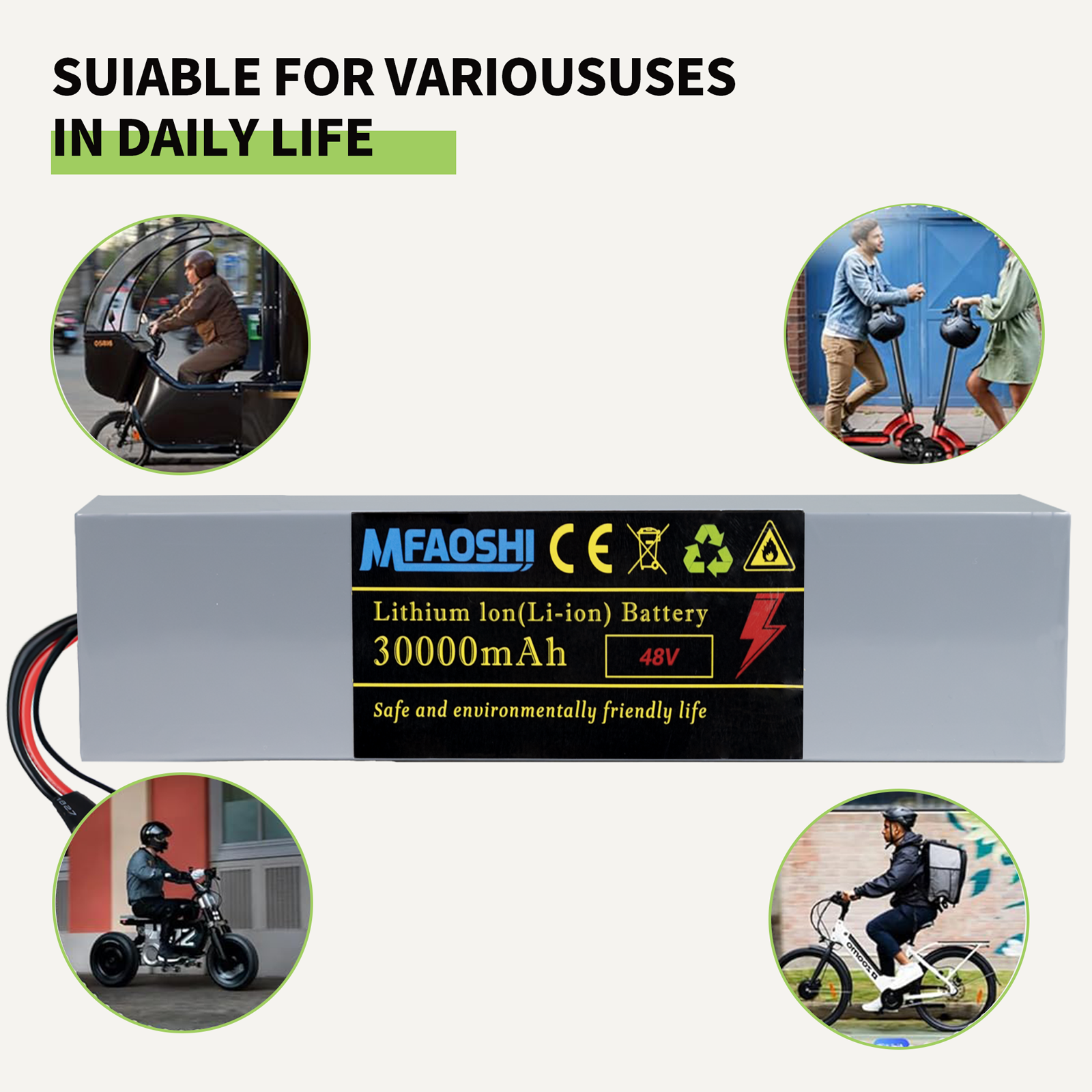 48V 30Ah 磷酸铁锂电动车电池，XT90接口大容量锂电池组，带智能BMS、LED显示与2A快充，适配0W-1500W电机，通勤冒险两不误，DOT UN38.3 MSDS认证