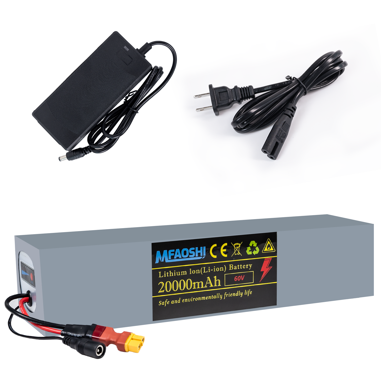 60V 20Ah 磷酸铁锂电动车电池，XT90接口大容量锂电池组，带智能BMS、LED显示与2A快充，适配0W-2500W电机，通勤冒险两不误，