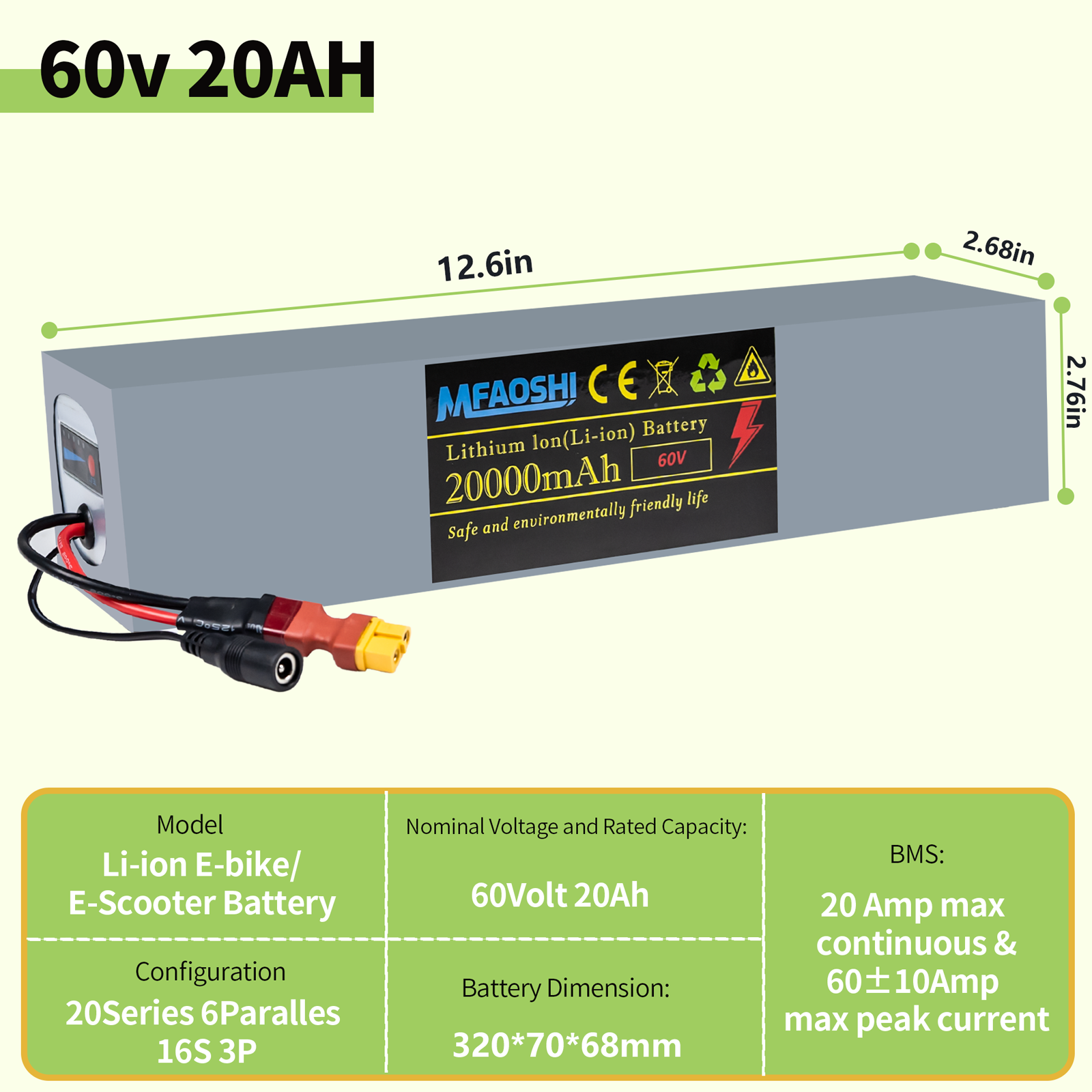 60V 20Ah 磷酸铁锂电动车电池，XT90接口大容量锂电池组，带智能BMS、LED显示与2A快充，适配0W-2500W电机，通勤冒险两不误，