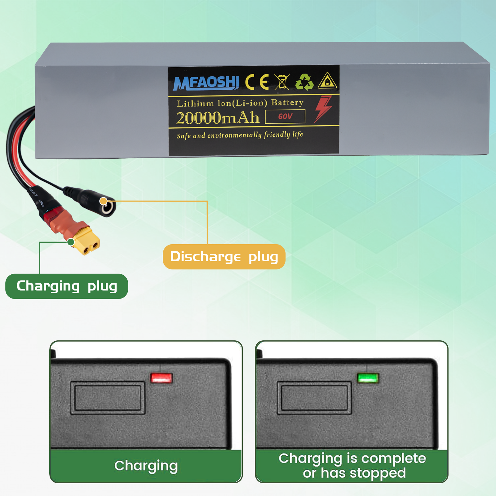60V 20Ah 磷酸铁锂电动车电池，XT90接口大容量锂电池组，带智能BMS、LED显示与2A快充，适配0W-2500W电机，通勤冒险两不误，