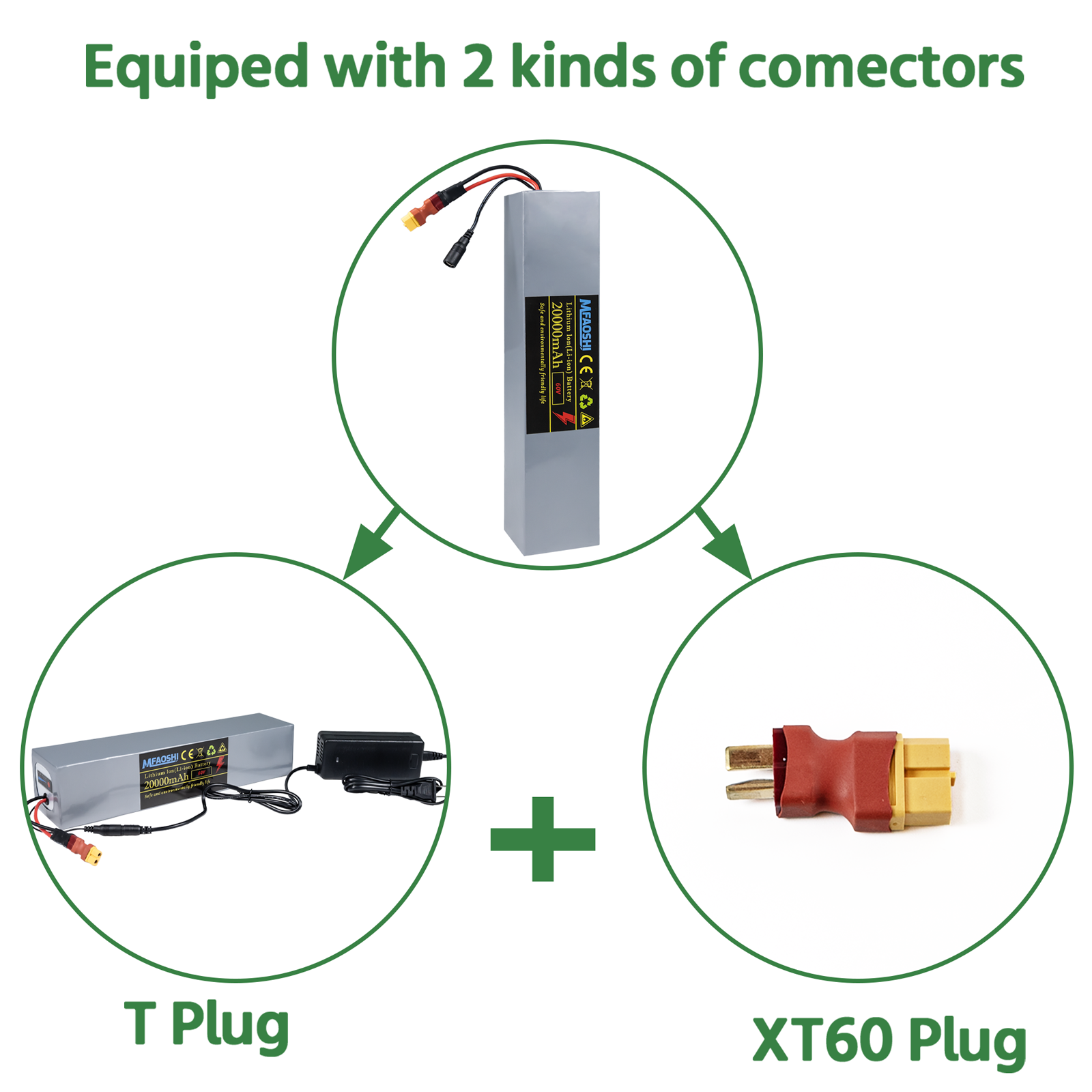 60V 20Ah 磷酸铁锂电动车电池，XT90接口大容量锂电池组，带智能BMS、LED显示与2A快充，适配0W-2500W电机，通勤冒险两不误，