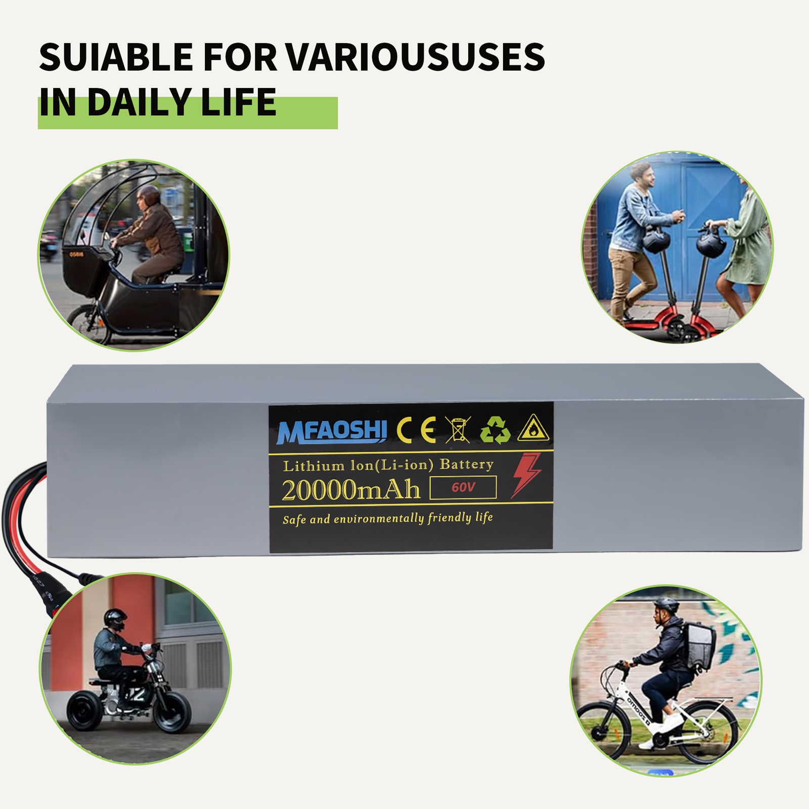 60V 20Ah 磷酸铁锂电动车电池，XT90接口大容量锂电池组，带智能BMS、LED显示与2A快充，适配0W-2500W电机，通勤冒险两不误，