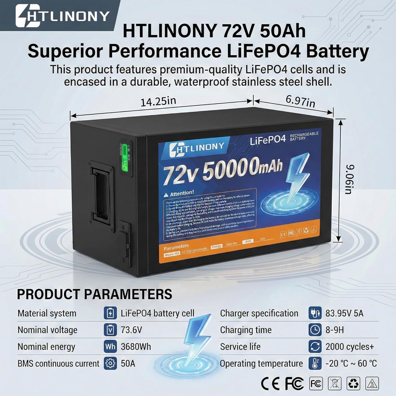 72V 50Ah LiFePO4电池，50A BMS保护，LED显示屏，5A快充，铝合金外壳，4000+循环，适用于250W-3500W电动自行车踏板车 E-Trike 摩托 |DOT UN38.3 MSDS认证