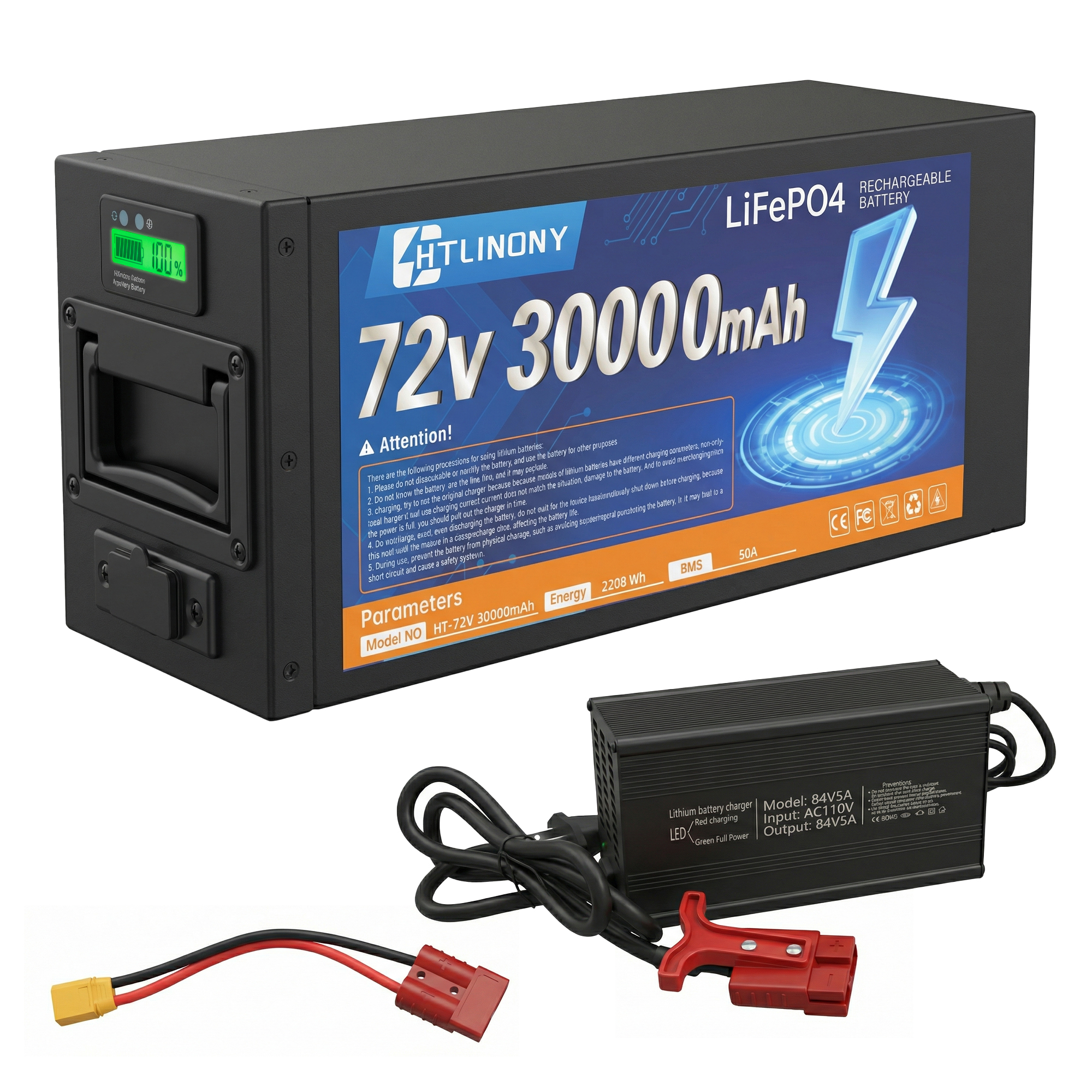 72V 30Ah LiFePO4电池，30A BMS保护，LED显示屏，5A快充，铝合金外壳，4000+循环，适用于250W-3500W电动自行车踏板车E-Trike摩托|DOT UN38.3MSDS认证