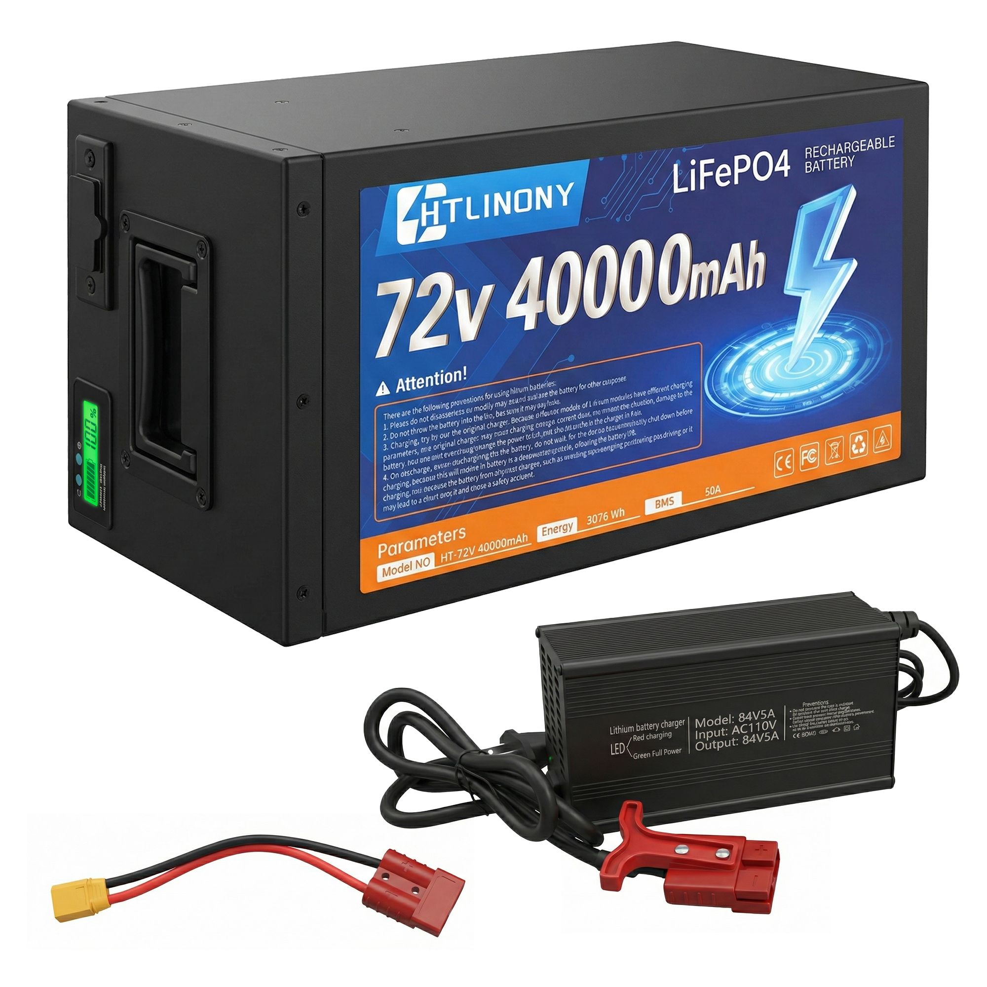 72V 40Ah LiFePO4电池，大容量锂电池组，带智能BMS、USB口、LED电量显示与2A快充，适配250W-3500W电机，通勤与冒险骑行无忧|DOT UN38.3 MSDS认证