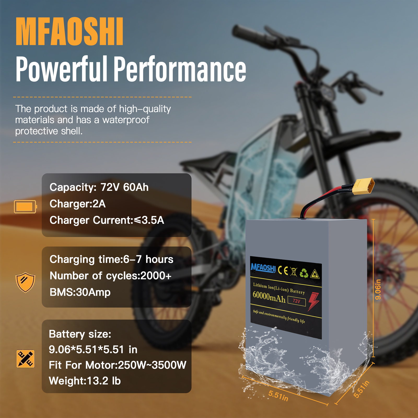 72V 60Ah 磷酸铁锂电动车电池，大容量锂电池组，带智能BMS、USB口、LED显示与2A快充，适配0W-3500W电机，通勤冒险两不误