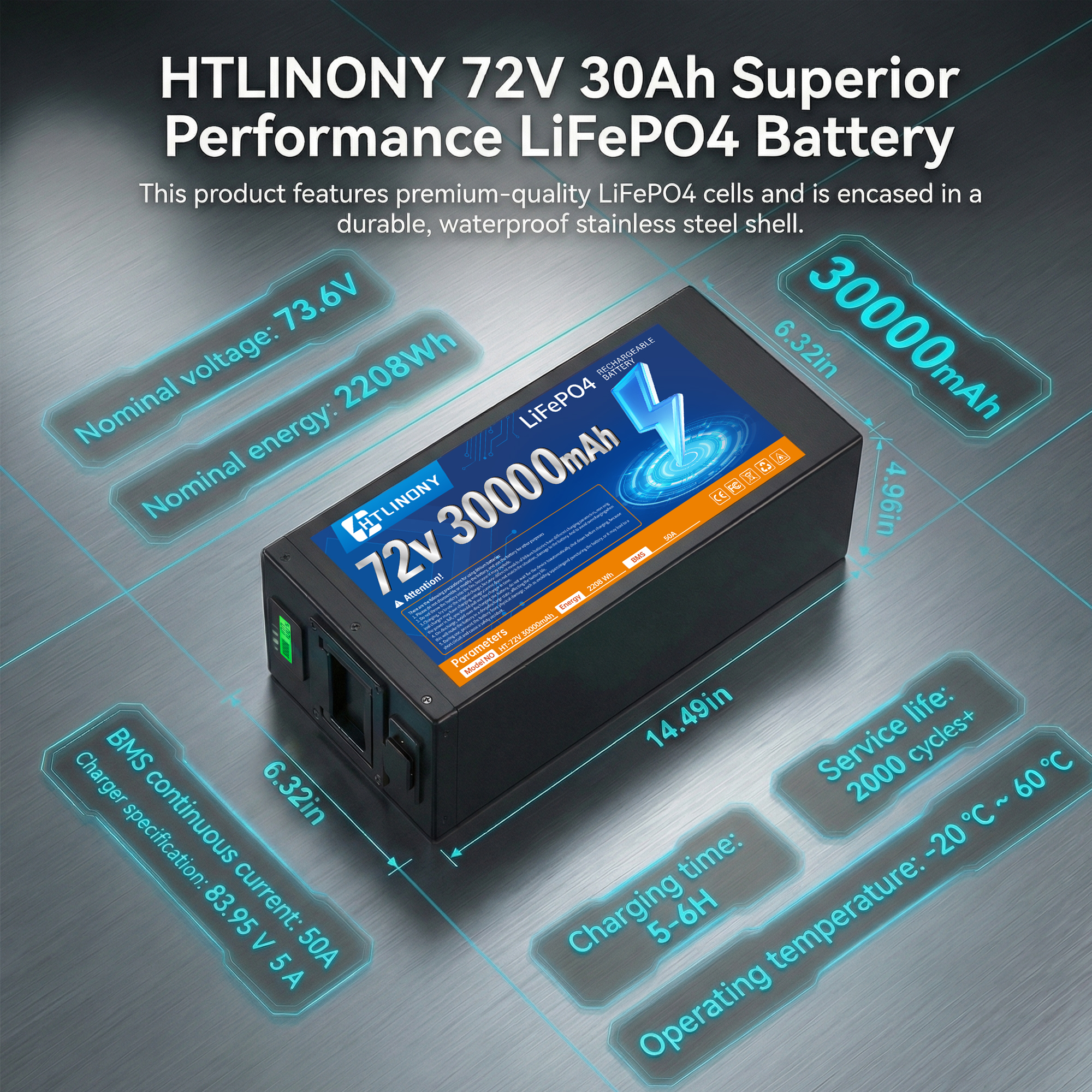 72V 30Ah LiFePO4电池，30A BMS保护，LED显示屏，5A快充，铝合金外壳，4000+循环，适用于250W-3500W电动自行车踏板车E-Trike摩托|DOT UN38.3MSDS认证