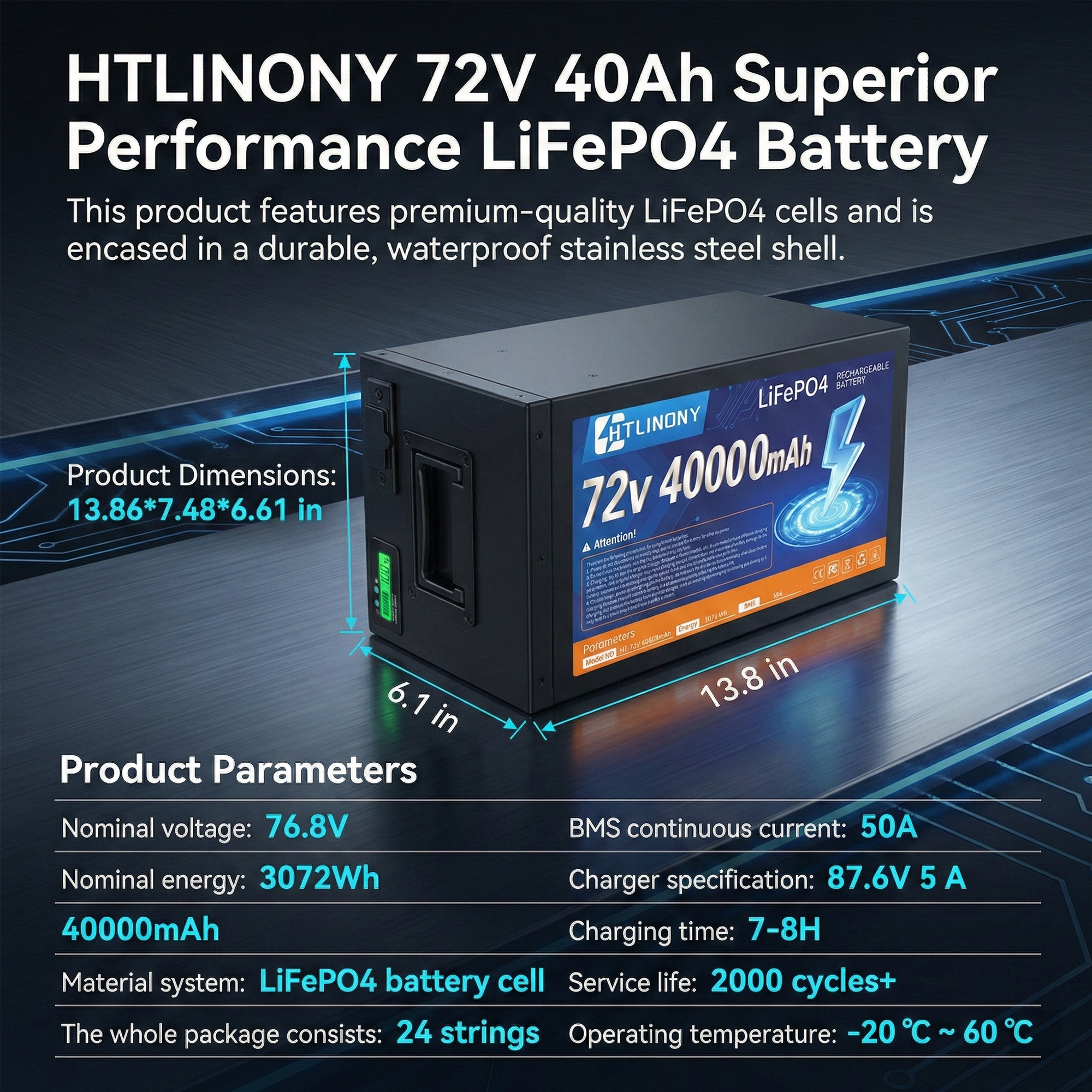 72V 40Ah LiFePO4电池，大容量锂电池组，带智能BMS、USB口、LED电量显示与2A快充，适配250W-3500W电机，通勤与冒险骑行无忧|DOT UN38.3 MSDS认证