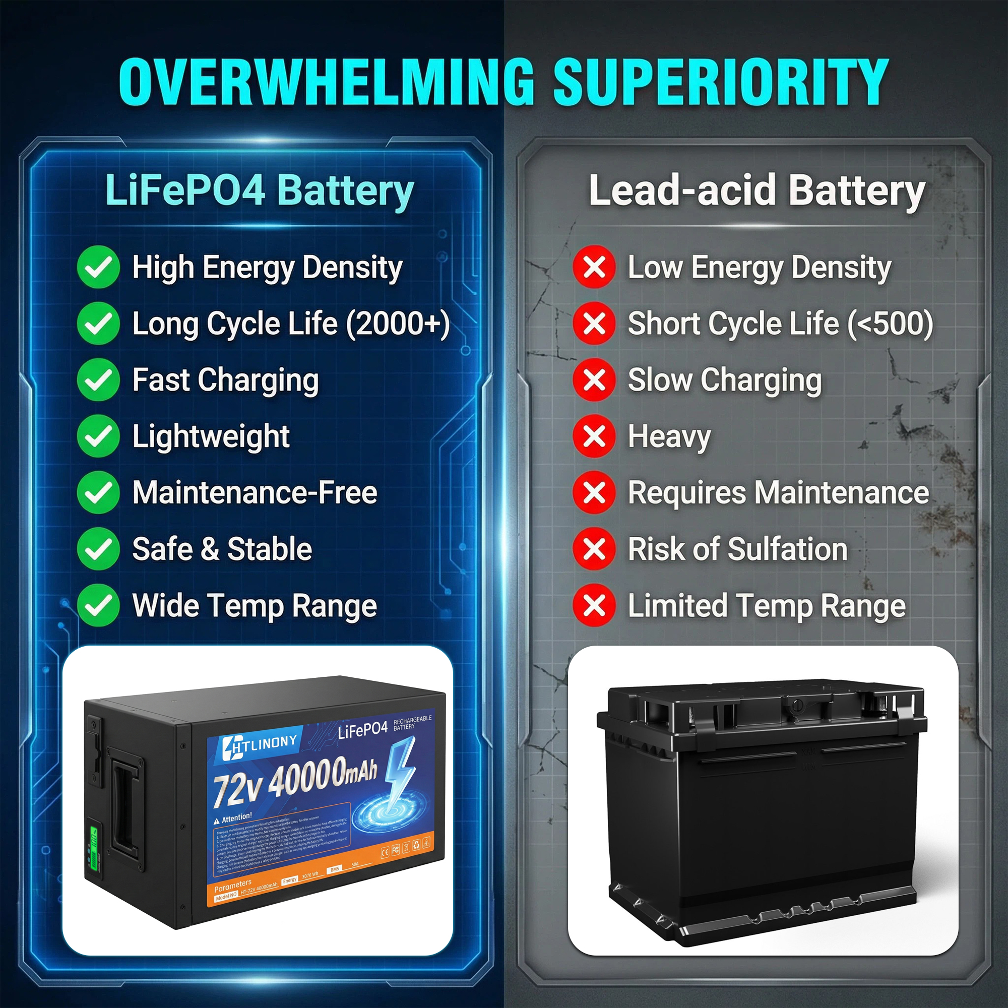 72V 40Ah LiFePO4电池，大容量锂电池组，带智能BMS、USB口、LED电量显示与2A快充，适配250W-3500W电机，通勤与冒险骑行无忧|DOT UN38.3 MSDS认证