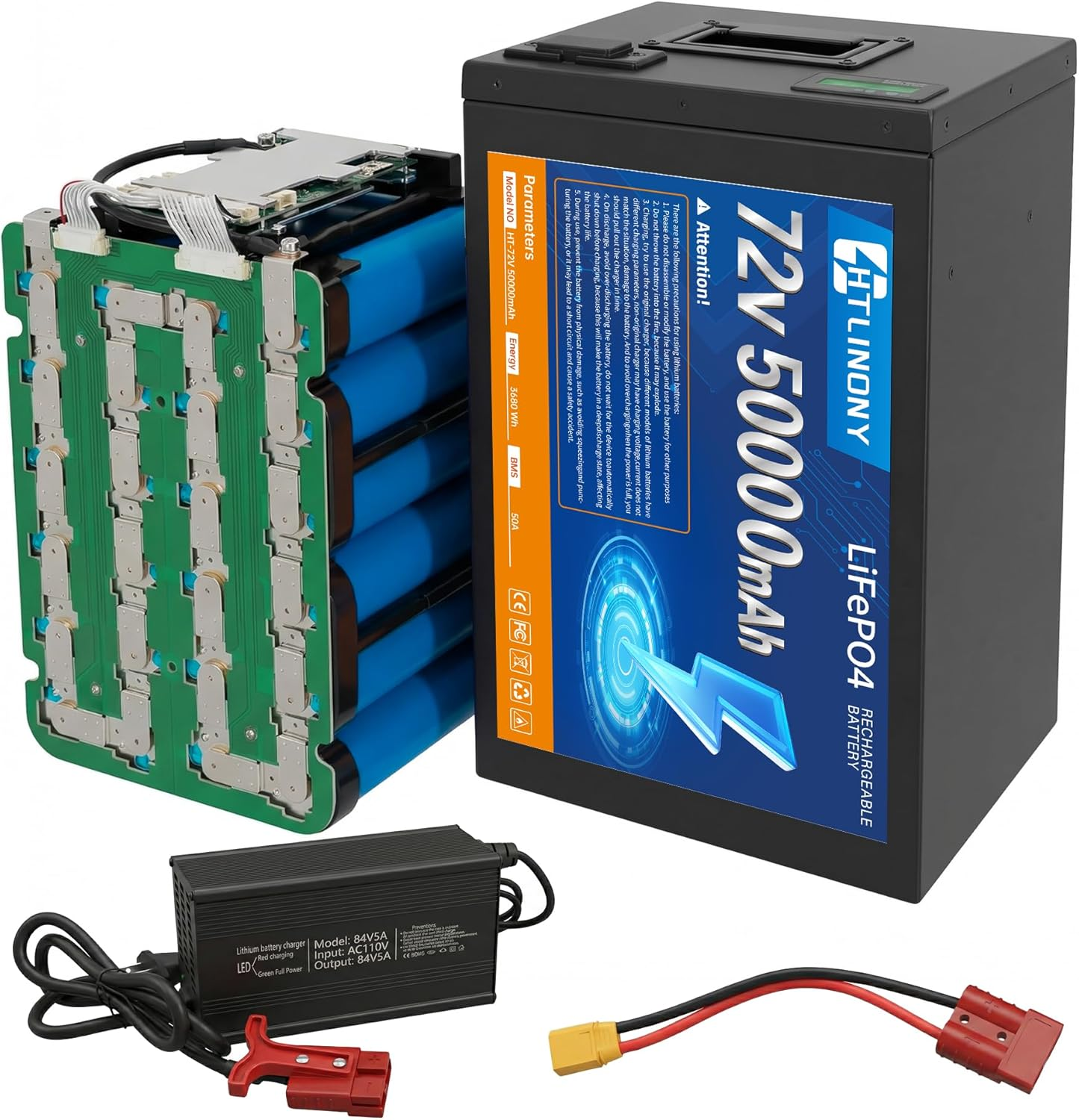 72V 50Ah LiFePO4电池，50A BMS保护，LED显示屏，5A快充，铝合金外壳，4000+循环，适用于250W-3500W电动自行车踏板车 E-Trike 摩托 |DOT UN38.3 MSDS认证