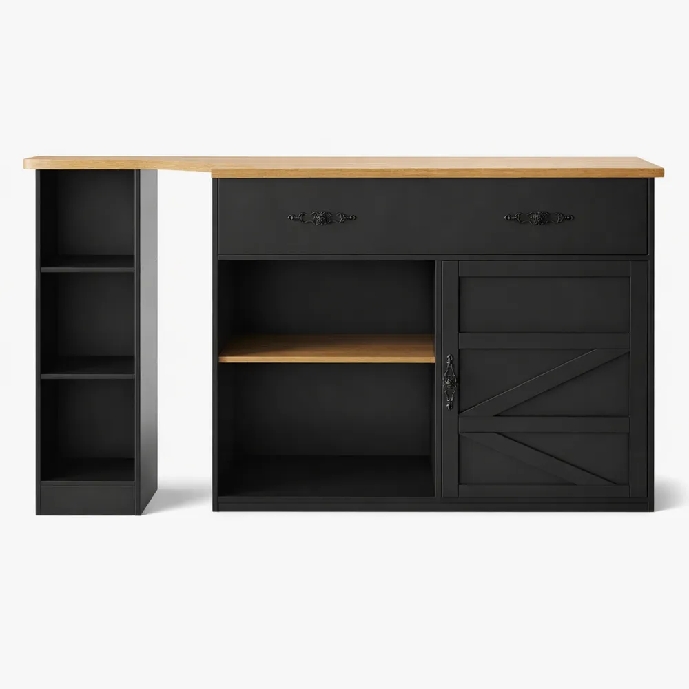 Tavolo da bar allungabile con spazio di archiviazione e ripiani, girevole a 360°, tavolo da pranzo alto moderno