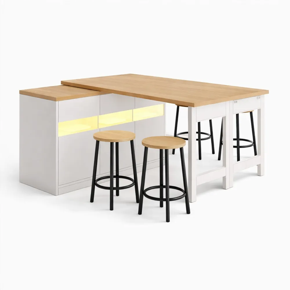 Tavolo da bar allungabile con spazio di archiviazione e illuminazione LED, girevole a 360°, 120-180 x 40 x 75,8 cm, per soggiorno e sala da pranzo