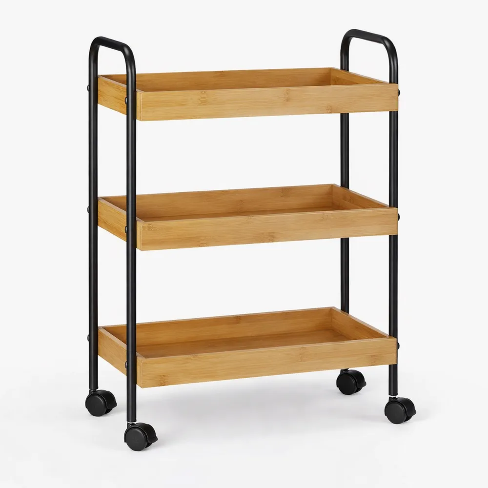 Carrello portavivande in bambù con 3 ripiani e rotelle girevoli