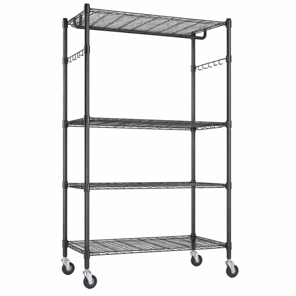 Appendiabiti con Ripiani Regolabili e Ganci, Carrello con Ruote, Nero