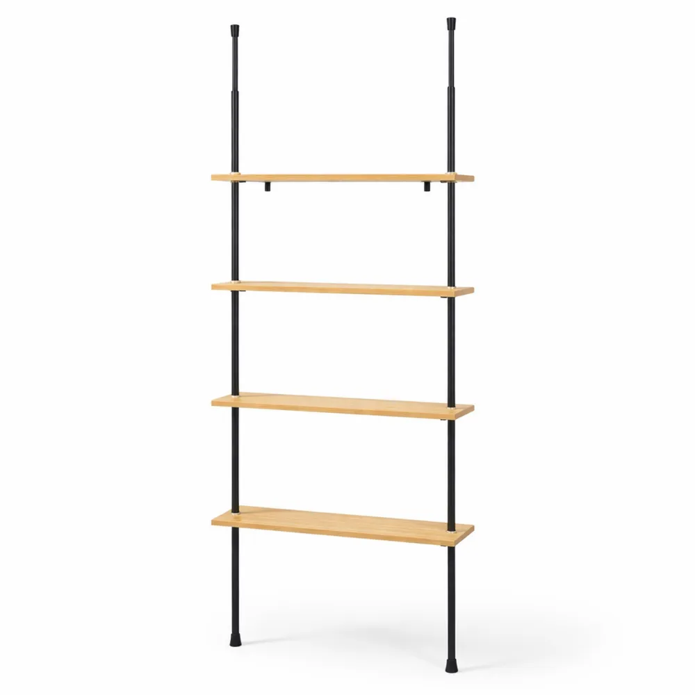 Scaffale telescopico da parete in bambù con 4 ripiani regolabili