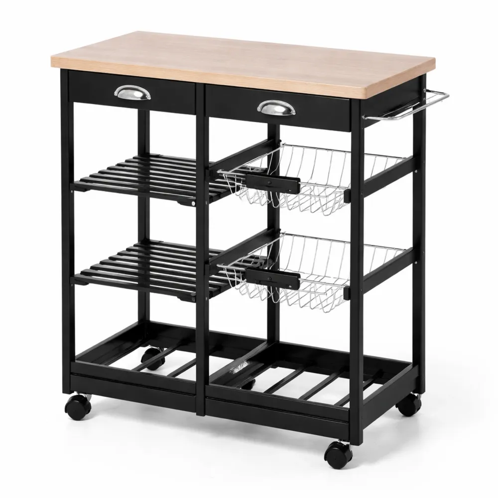 Carrello da Cucina Multiuso in Legno di Pino Nero 74x37x75cm