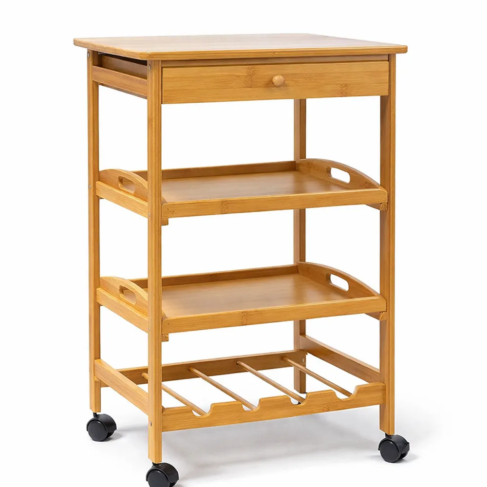 Carrello da Cucina in Bambù con Ripiani e Cestini
