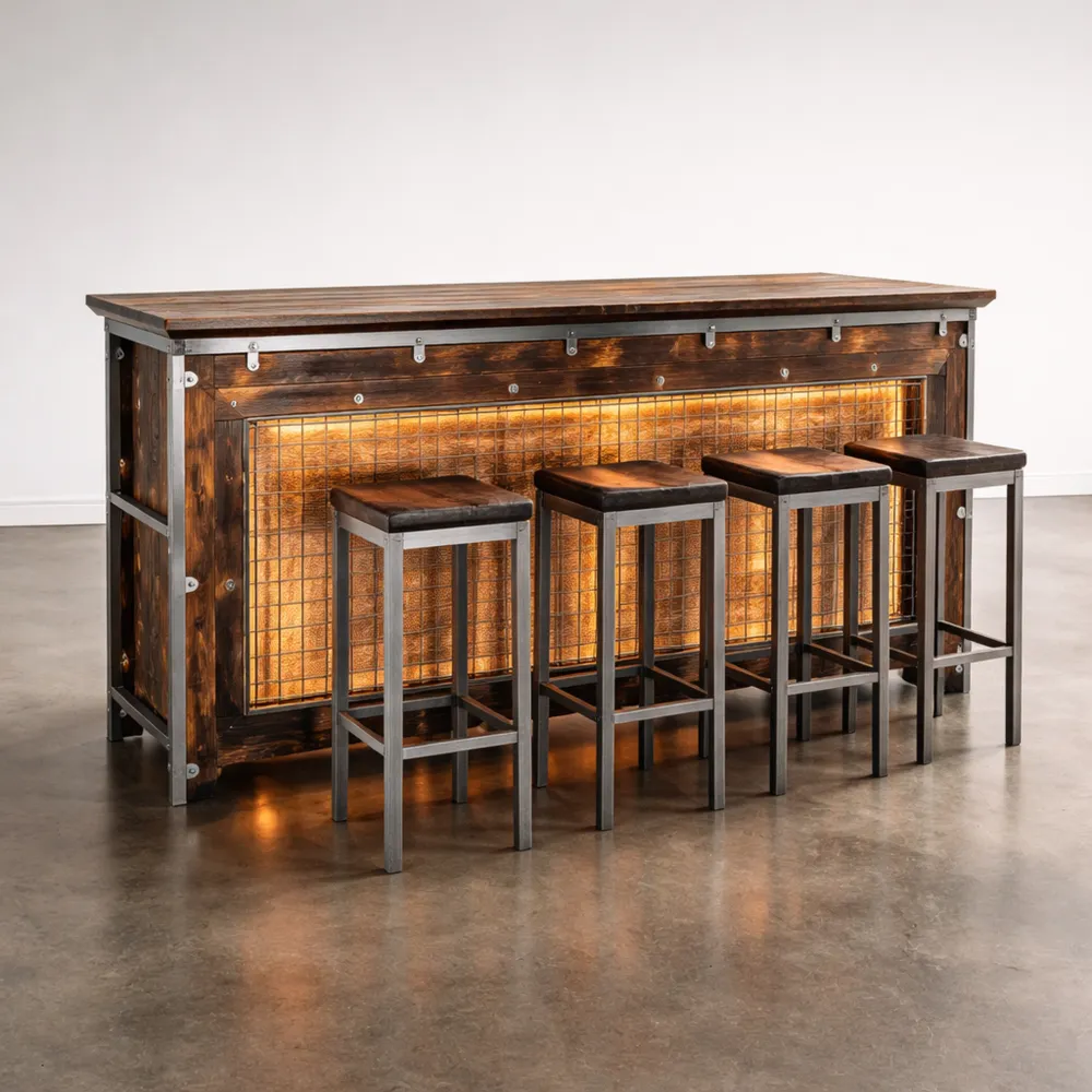 Bancone da bar vintage in legno e metallo, design industriale, 200 cm