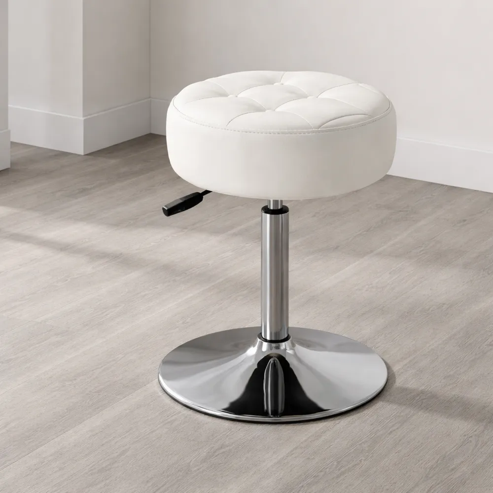 Sgabello Girevole a 360° Regolabile in Altezza, Design Trapuntato, Bianco