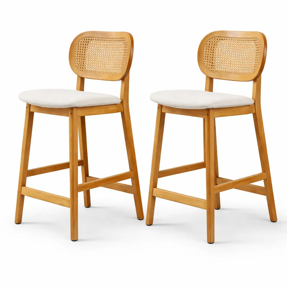 Set di 2 sgabelli alti in pelliccia sintetica e rattan per cucina o sala da pranzo, beige