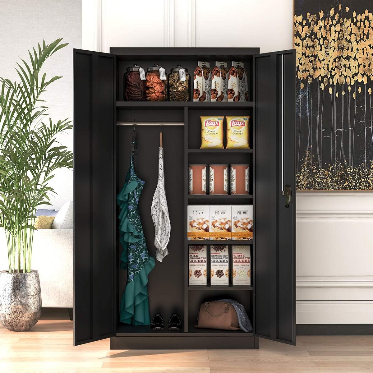 Yizosh 71" Metal Storage Cabinet,Lockable Storage Wardrobe Adjustable Shelves and Hanging Rod, Single Handle Metal Modern Cabinet for Home Office, Assembly Required