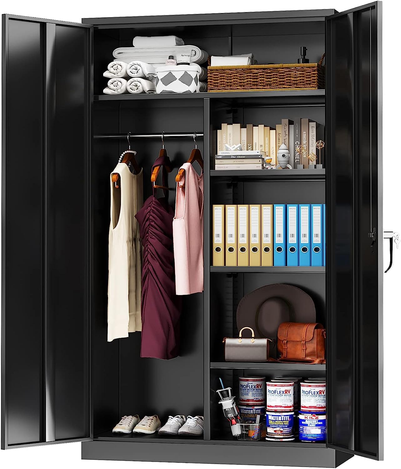 Yizosh 71" Metal Storage Cabinet,Lockable Storage Wardrobe Adjustable Shelves and Hanging Rod, Single Handle Metal Modern Cabinet for Home Office, Assembly Required