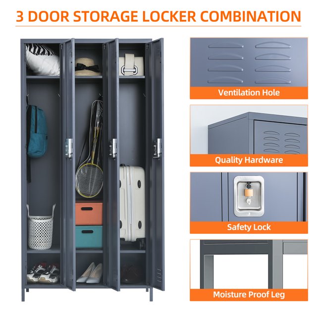 Yizosh Metal Storage Locker Combination,Metal Locker with 6 Hooks&3 Doors,Steel Storage Locker Cabinet for Employees School Office Gym Home,Assembly Required(Dark Grey)