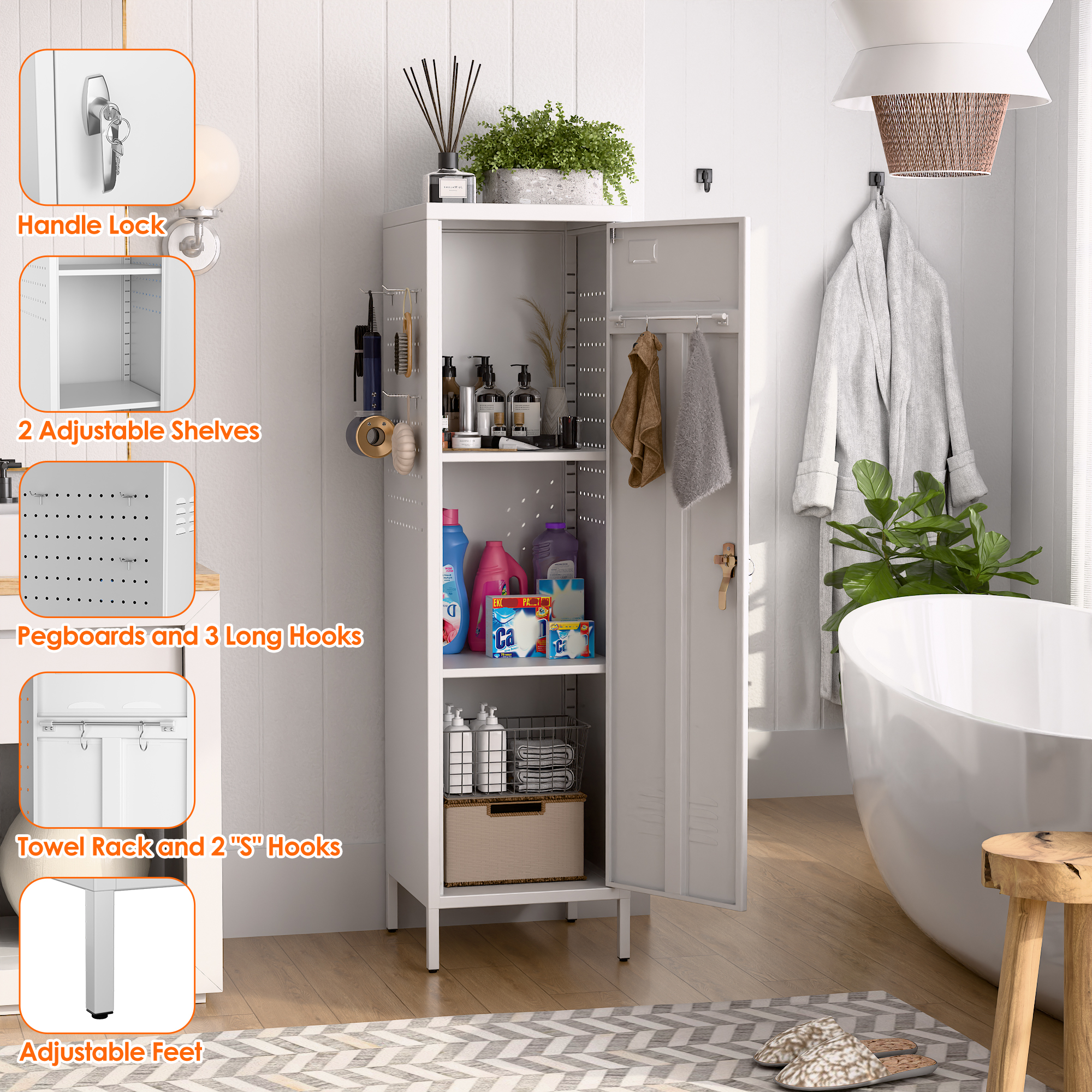 Metal Storage Locker with Pegboard,White