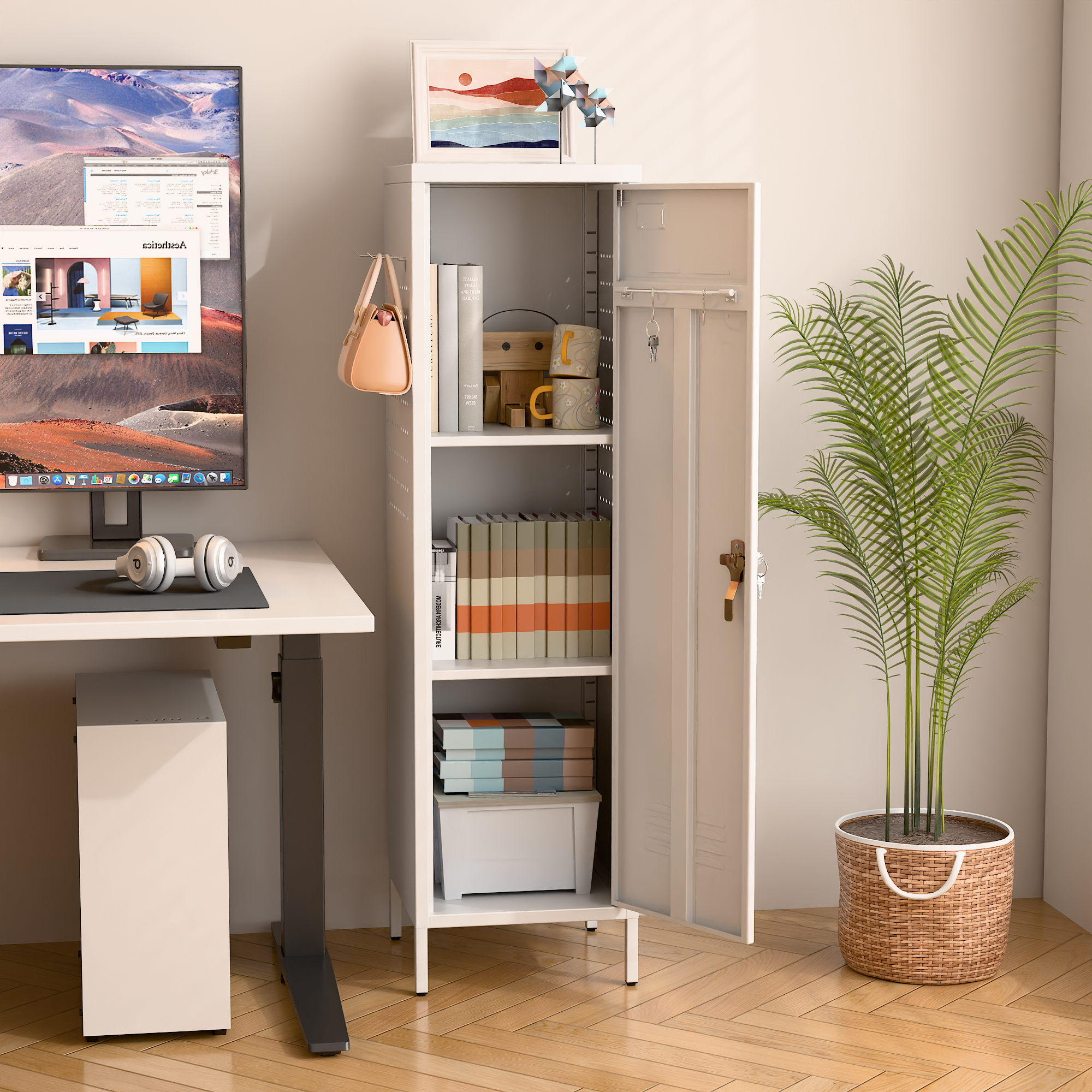 Metal Storage Locker with Pegboard,White