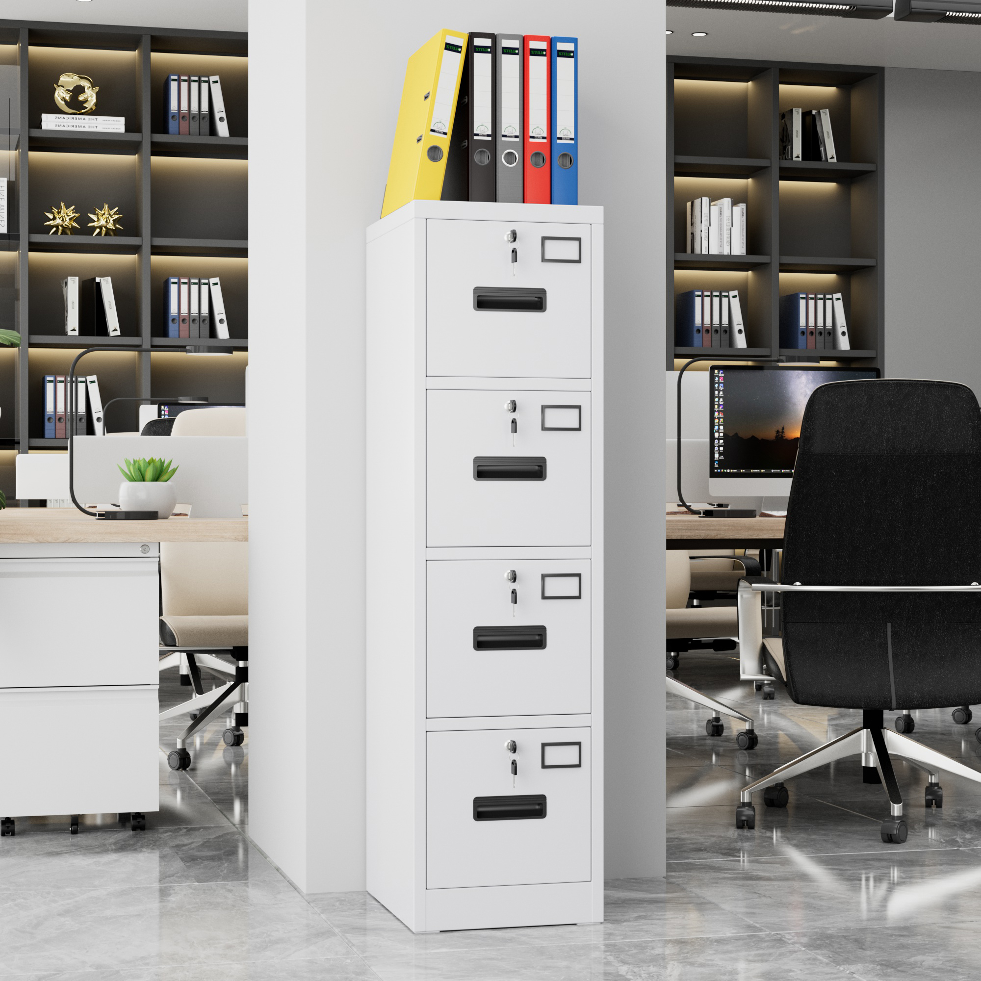 Vertical File Cabinet with 4 Drawers,14.97"D x 17.72"W x 55.2"H,Assembly Required,White,