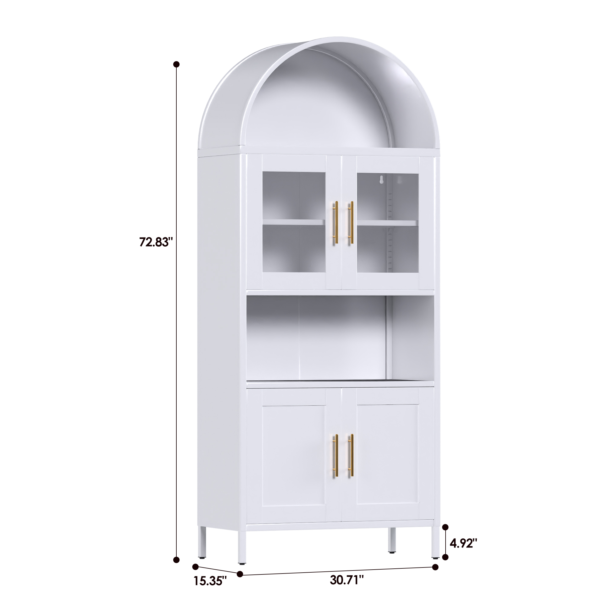 Metal Arched Cabinet with 2 Glass Doors and 2 Metal Doors,Assembly Required,White