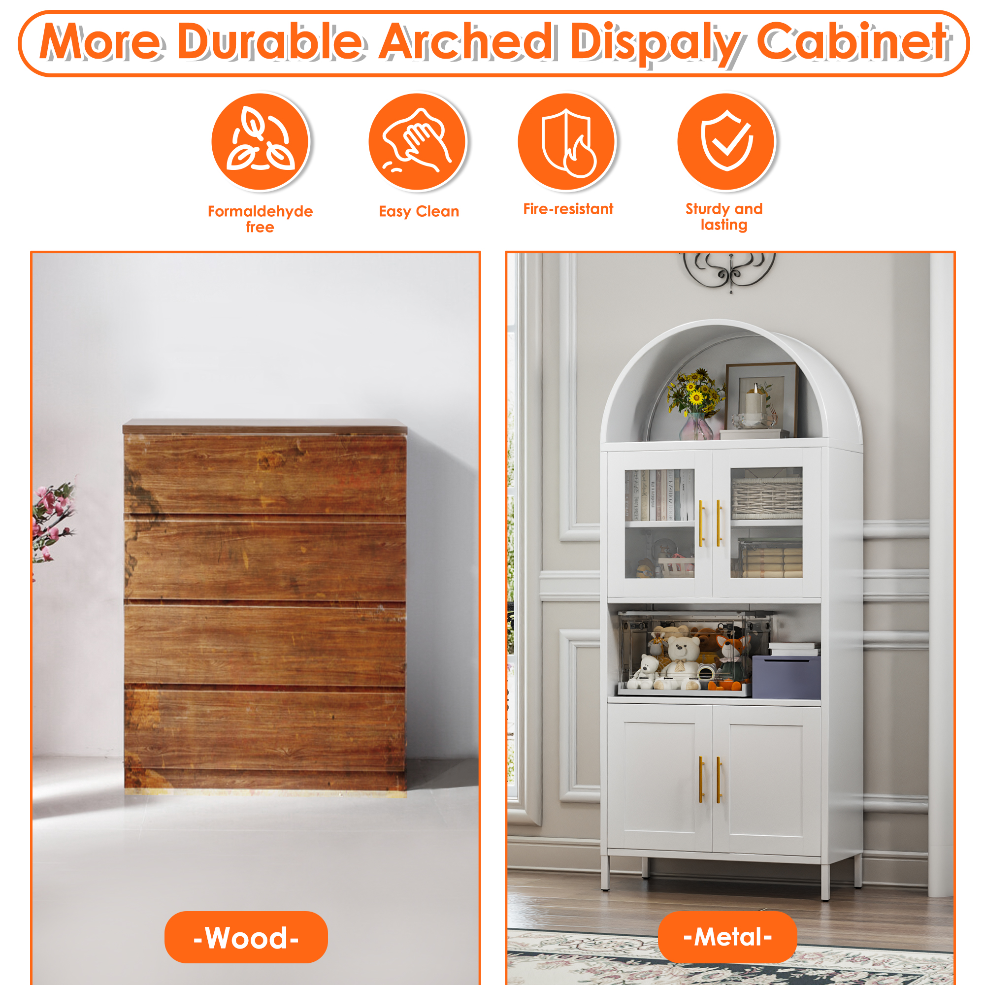 Metal Arched Cabinet with 2 Glass Doors and 2 Metal Doors,Assembly Required,White